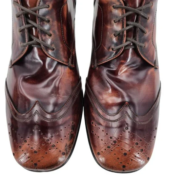 Prada Italy Mens 7.5 Distressed Brown Leather Wingtip Derby Oxfords Dress Shoes - Picture 12 of 13